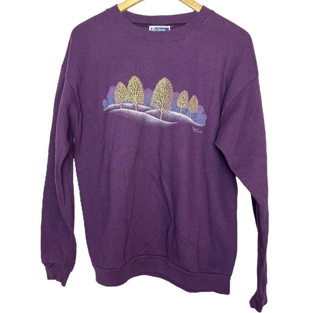 Vintage Women's L Winter Tree Print Crewneck Sweatshirt Purple Nature Grannycore